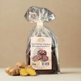 Zartbitter Dinkel Knusperwaffel mit Ingwer bestreut
