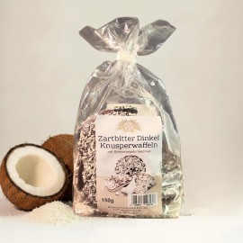 Zartbitter Dinkel Knusperwaffel mit Kokosraspeln bestreut