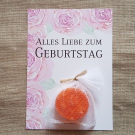 Karte ALLES LIEBE ZUM GEBURTSTAG mit kleiner Seife Rosenduft